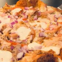 Medium The Caddy'S Chicken Pesto Pizza  · Fresh Pesto Sauce, Fresh Mozzarella Cheese, Pizza Cheese, Big Kel's Roasted Pulled Chicken, ...