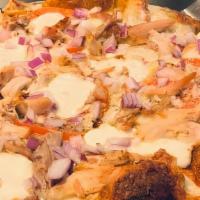 Small The Caddys Chicken Pesto Pizza · Fresh Pesto Sauce, Fresh Mozzarella Cheese, Pizza Cheese, Big Kel's Pulled Roasted Chicken, ...