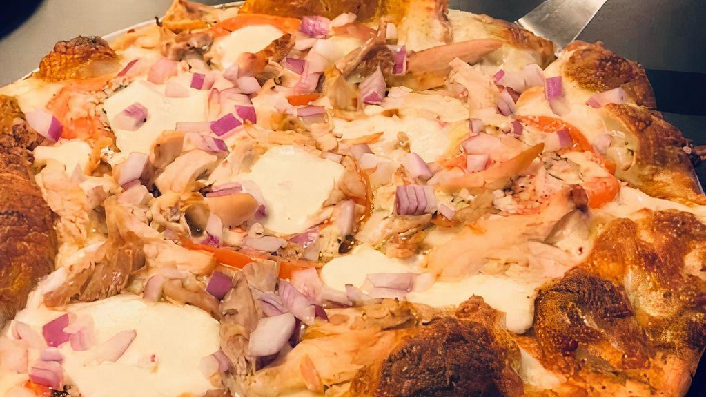 Small The Caddys Chicken Pesto Pizza · Fresh Pesto Sauce, Fresh Mozzarella Cheese, Pizza Cheese, Big Kel's Pulled Roasted Chicken, Parmesan Tomatoes and Red Onions