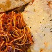 Chicken Parmesan Pasta · Homemade chicken parmesan breast, spaghetti noodles, big kel's marinara and alfredo sauce se...