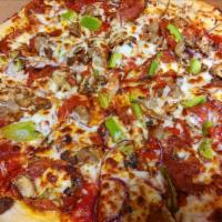 Squarehouse Supreme (Large) · Italian sausage, pepperoni, beef, green peppers, red onions and mushrooms.