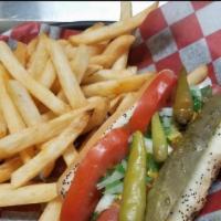 Chicago Style Hot Dog · Vienna beef dog, poppy seed bun, mustard, relish, onions, tomato slices, pickles, sport pepp...