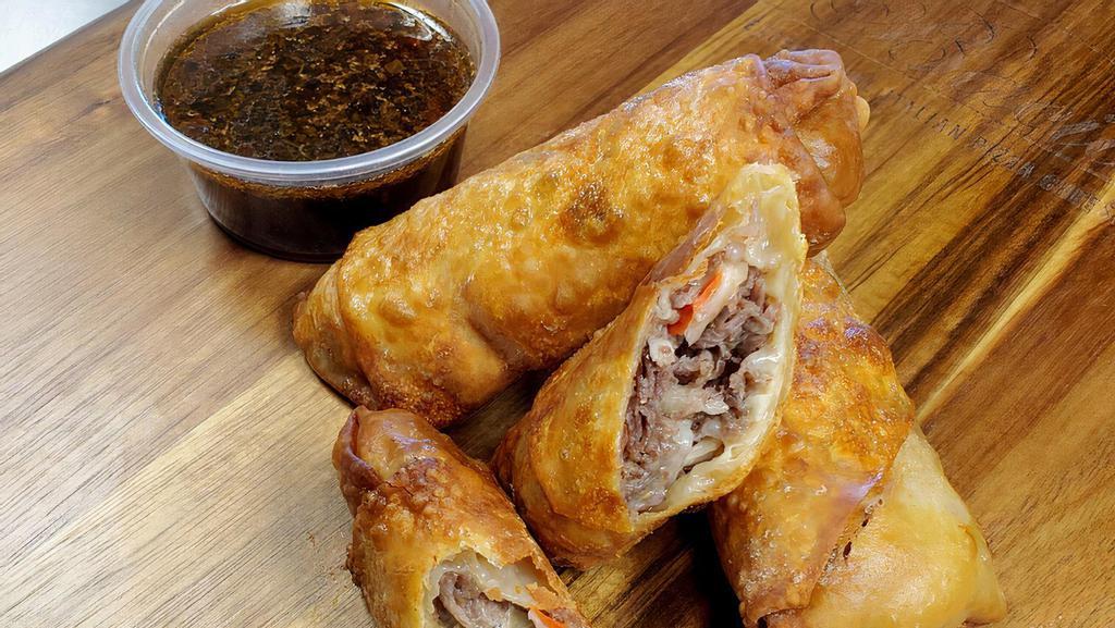 Italian Stallions · Our new favorite snack! Italian beef, hot giardiniera, provolone and mozzarella cheeses wrapped in an egg roll shell and served with your choice of marinara or au jus.