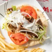 Gyro Plate With Fries  · gyro on a pita with fries