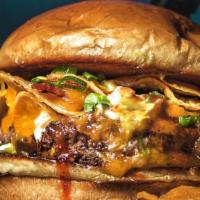 Crunch Burger · Burger meets classic Bbq nacho! Double cheddar, smoked bacon, ranch, sweet Bbq sauce, crunch...