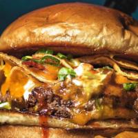 Crunch Burger · Burger meets classic Bbq nacho! Double cheddar, smoked bacon, ranch, sweet Bbq sauce, crunch...