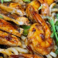 Chicken & Shrimp Hibachi  · Sweet and spicy teriyaki glazed hibachi noodles w/ zucchini, peppers, onion, squash, grilled...