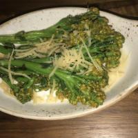 Charred Broccolinni · Chili soy glace | Toasted sesame