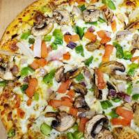 Veggie Pizza · Vegetarian. Olive oil, spinach, mozzarella cheese, tomato, onion and mushrooms.