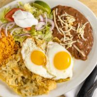 Enchiladas Verdes · Three enchiladas filled with choice of meat topped with green tomatillo sauce. Melted cheese...