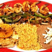 El Presidente (Stk, Shrimp &Chkn  · Grilled juicy skirt Steak, seasoned chicken breast and 6 Jumbo shrimps in garlic sauce.  ser...