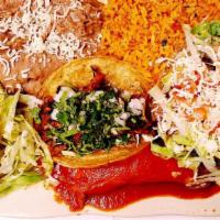 #12 Combination(Taco, Tost, Ench)  · Includes ONE TACO, ONE TOSTADA, ONE cheese ENCHILADA regular suiza. side of rice and beans