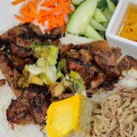 Com Tam Heo Nuong, Bi, Cha · Grilled pork, shredded pork & steam eggloaf.
