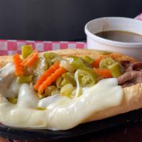 The Four-Star Beef · Thinly Sliced Beef with Spicy Giardiniera Relish, Melted Mozzarella Cheese and Classic Beef ...