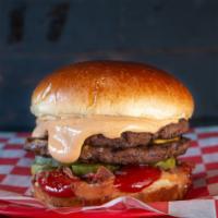The Patton · Double patty, American cheese, pickles, tomato, bacon, spicy ketchup, chipotle 
mayo and Bob...