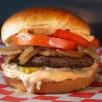 The Cadet · Single Smash Patty with American Cheese, Tomato Slices, Red Onion, Dill Pickle, 1000 Island ...
