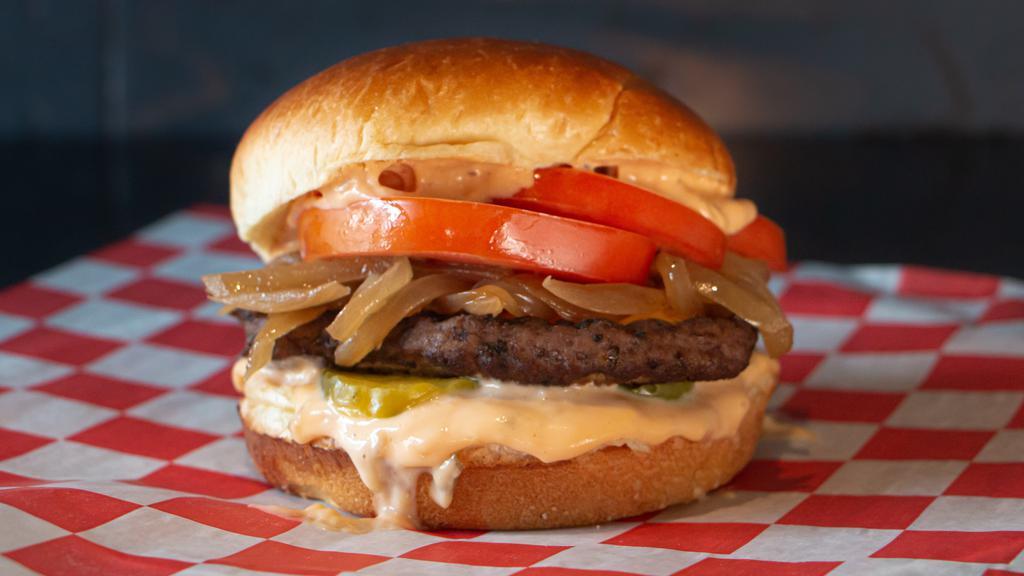 The Cadet · Single Smash Patty with American Cheese, Tomato Slices, Red Onion, Dill Pickle, 1000 Island Dressing