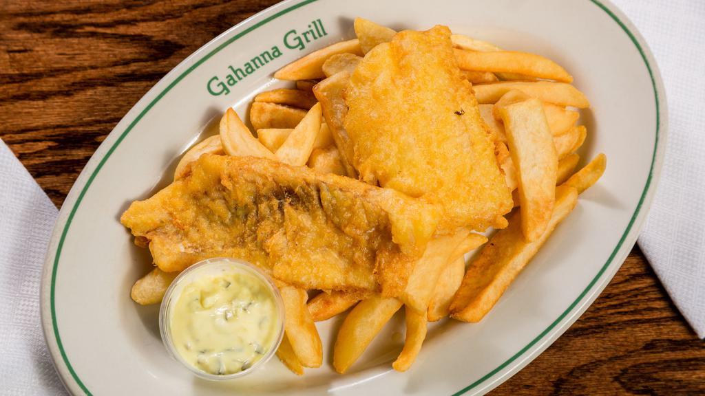 Fish & Chips · Large hand-battered Atlantic Haddock filet with tartar sauce. Comes with a choice of 2 sides.