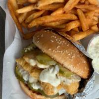 Signature Double Fish Sandwich & Fries Combo · Double Fish Sandwich, 9 ounces of catfish fillet, tartar sauce, salty pickles, on our specia...