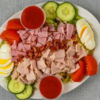 Chef Salad · Smoked turkey, ham, tomatoes, eggs, bacon and cheese on tossed greens.