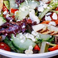 Paisans · Chicken, Feta cheese, roasted red peppers, roasted tomatoes, cucumber and Kalamata olives. S...