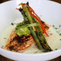 Blackened Salmon · Wild caught blackened salmon with lemon cream sauce, served over steamed rice with avocado s...