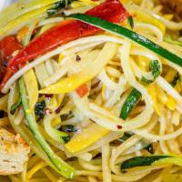 Luigi'S Linguini · Zucchini, yellow squash, roasted red peppers and basil with garlic, olive oil and crushed re...