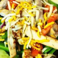 Grilled Chicken Salad · Romaine, red onion, roma tomato, green pepper, cucumber & mixed cheese, with grilled chicken.