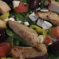 Greek Grilled Chicken · Romaine, roma tomato, cucumber, kalamata olives(may contain pits), feta, banana peppers, top...