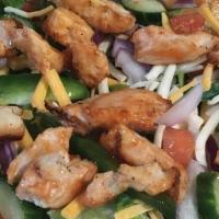Buffalo Chicken Salad · Romaine, red onion, roma tomato, green pepper, cucumber & mixed cheese, with spicy buffalo c...