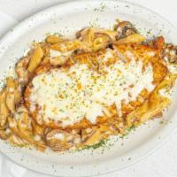*Chicken Capriccio · Penne pasta, mushrooms, green onions, tossed in a marsala cream sauce, topped with Parmesan-...