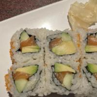 Alaskan Roll · Salmon, avocado, cucumber and caviar outside.