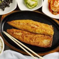 Grilled Mackerel (고등어구이) · Lightly salted pan fried mackerel.