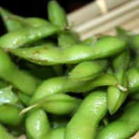 Edamame · A healthy portion of steamed soybeans topped with sea salt.