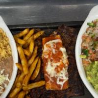 Tampiqueña · Steak topped with an enchilada covered in red sauce. Served with rice, beans, pico de gallo,...