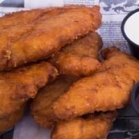 Chicken Strips · Lightly breaded and golden fried to perfection. Served with BBQ sauce or ranch.