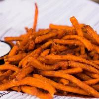 Sweet Potato Fries · Gluten free. Served with bleu cheese dressing for dipping.