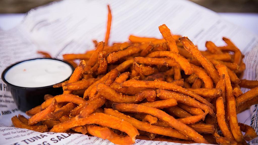 Sweet Potato Fries · Gluten free. Served with bleu cheese dressing for dipping.