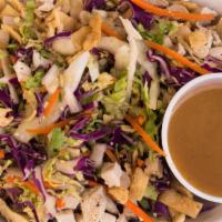 Asian Chicken Salad · Tender shredded Napa cabbage, shredded carrots, red cabbage, black & white sesame seeds, cho...