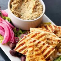 Hummus Plate (Gluten Friendly) · House hummus, olives, peppers, cucumbers, artichokes, pickled red onion, feta cheese, caulif...