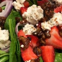 Spinach & Strawberry · Spinach, strawberries, goat cheese, candied walnuts, shallots, pomegranate vinaigrette.