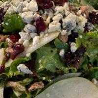 Pear & Gorgonzola Salad · Mixed Greens, Sliced Pears, Craisins, Gorgonzola Cheese, Candied Walnuts, Balsalmic Vinaigre...