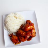 Kids Crispy Honey Chicken · Sweet and Sour Chicken served with steamed rice or brown rice and a soda beverage