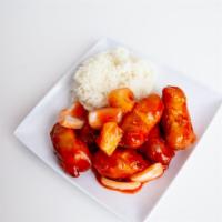 Kids Sweet & Sour Chicken · Sweet and Sour Chicken served with steamed rice or brown rice and a soda beverage