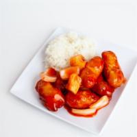 Kids Sweet & Sour Shrimp · Sweet and Sour Chicken served with steamed rice or brown rice and a soda beverage