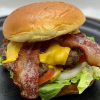 Bacon Double Cheeseburger · On a butter bun. lettuce, tomato, pickle, onion, ketchup, and mustard.