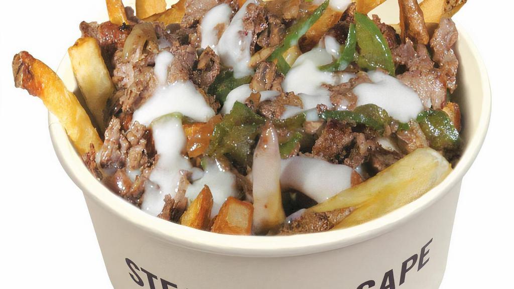 Grand Escape Fry · Grilled steak, topped with onions, mushrooms, green peppers and melted provolone