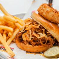 Pk Sandwich · choice of meat, onion straws, provolone, bbq sauce, topped with an onion ring