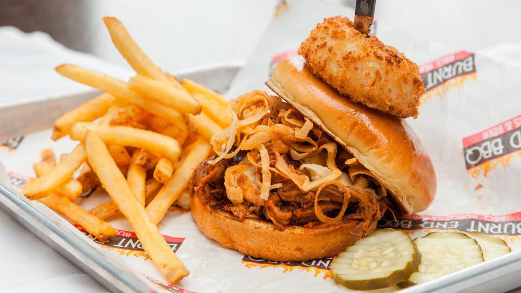 Pk Sandwich · choice of meat, onion straws, provolone, bbq sauce, topped with an onion ring
