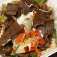 Gyro Combo · Pita bread - Gyro meat, grilled onions, cucumber sauce, tomatoes, and lettuce (spicy by requ...